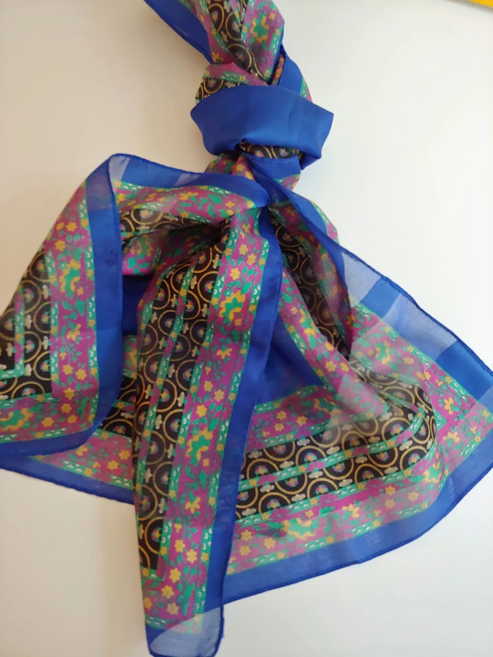 Vibrant Blue Floral & Geometric Sheer Scarf - Women's Accessory - Picture 1 of 4